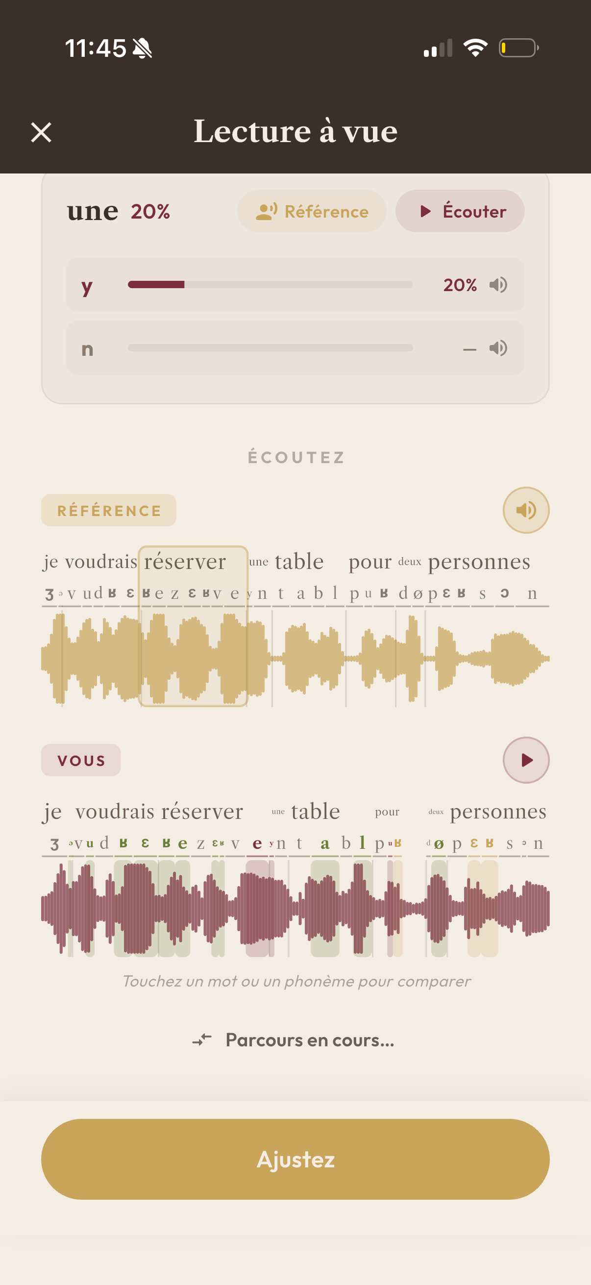 Parlez compare la prononciation d'un apprenant à celle d'un locuteur natif, notée son par son